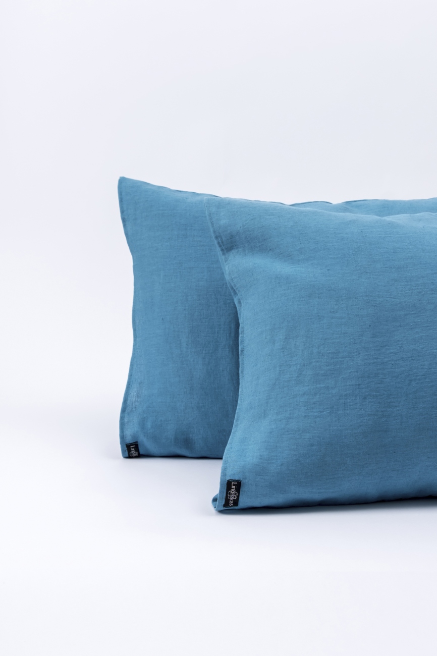 Aqua blue washed linen pillowcase with an envelope closure