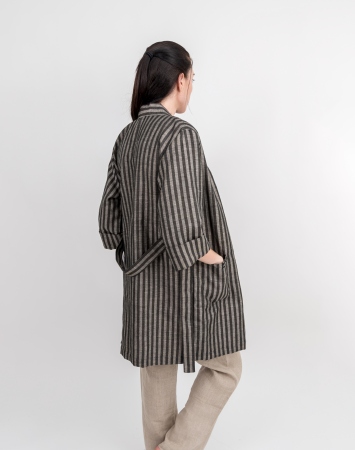 Black striped linen-cotton blend bathrobe