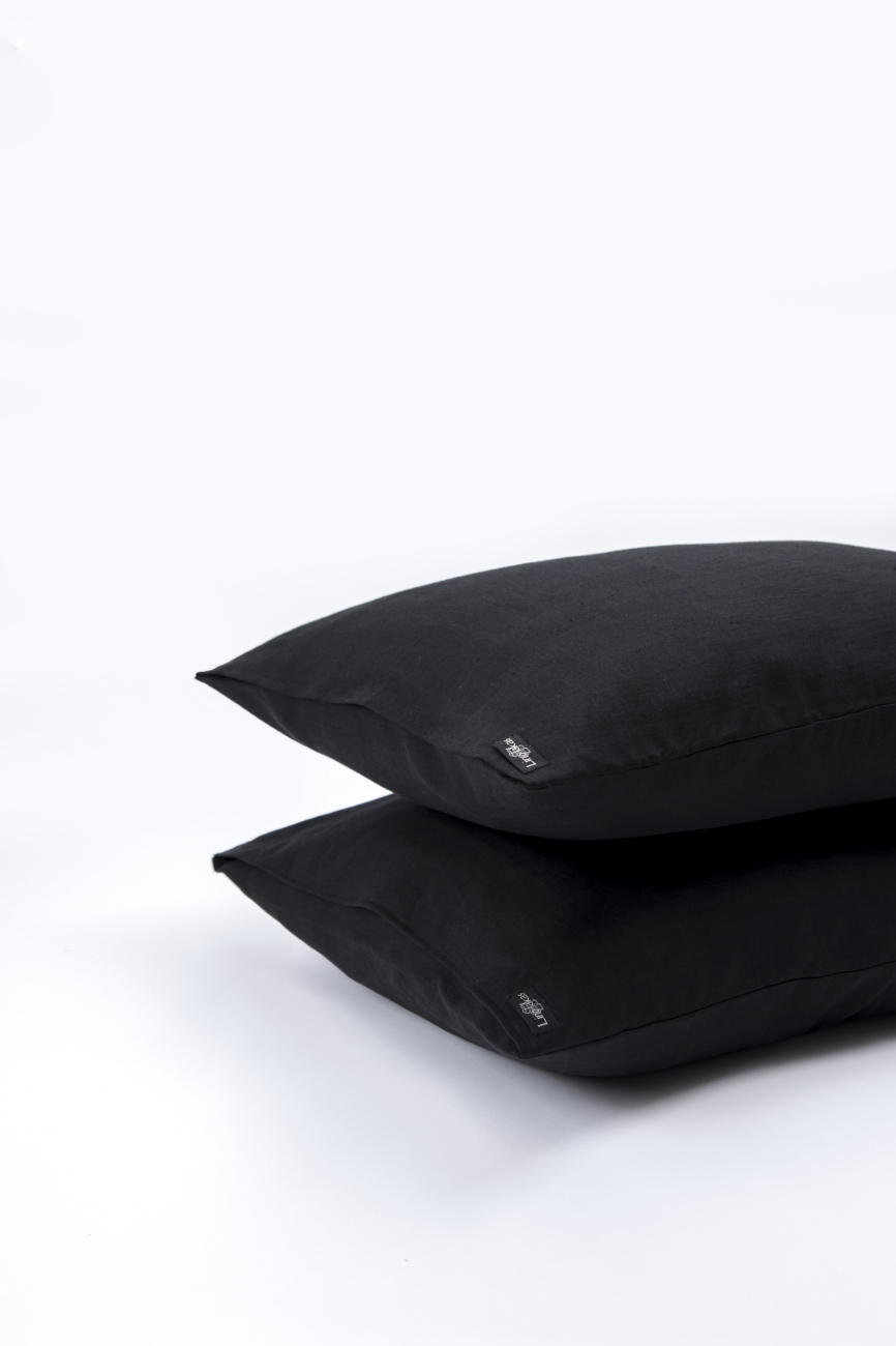 Black washed linen pillowcase