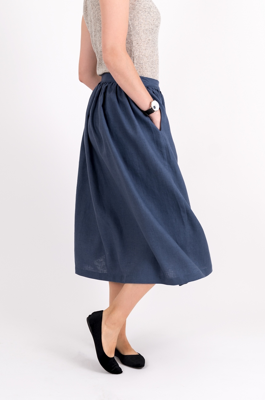 Blue gathered linen skirt