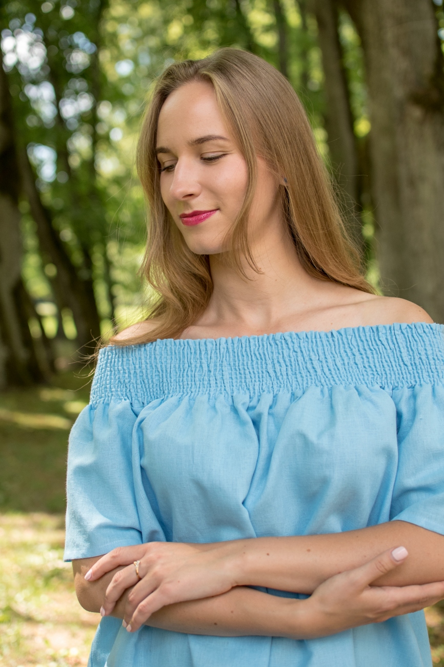 Blue linen off-shoulder summer top