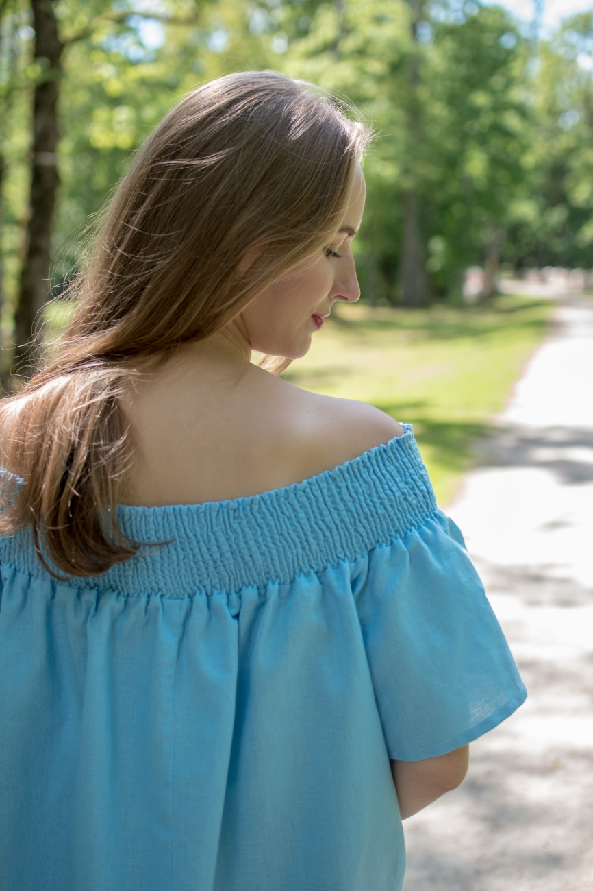 Blue linen off-shoulder summer top