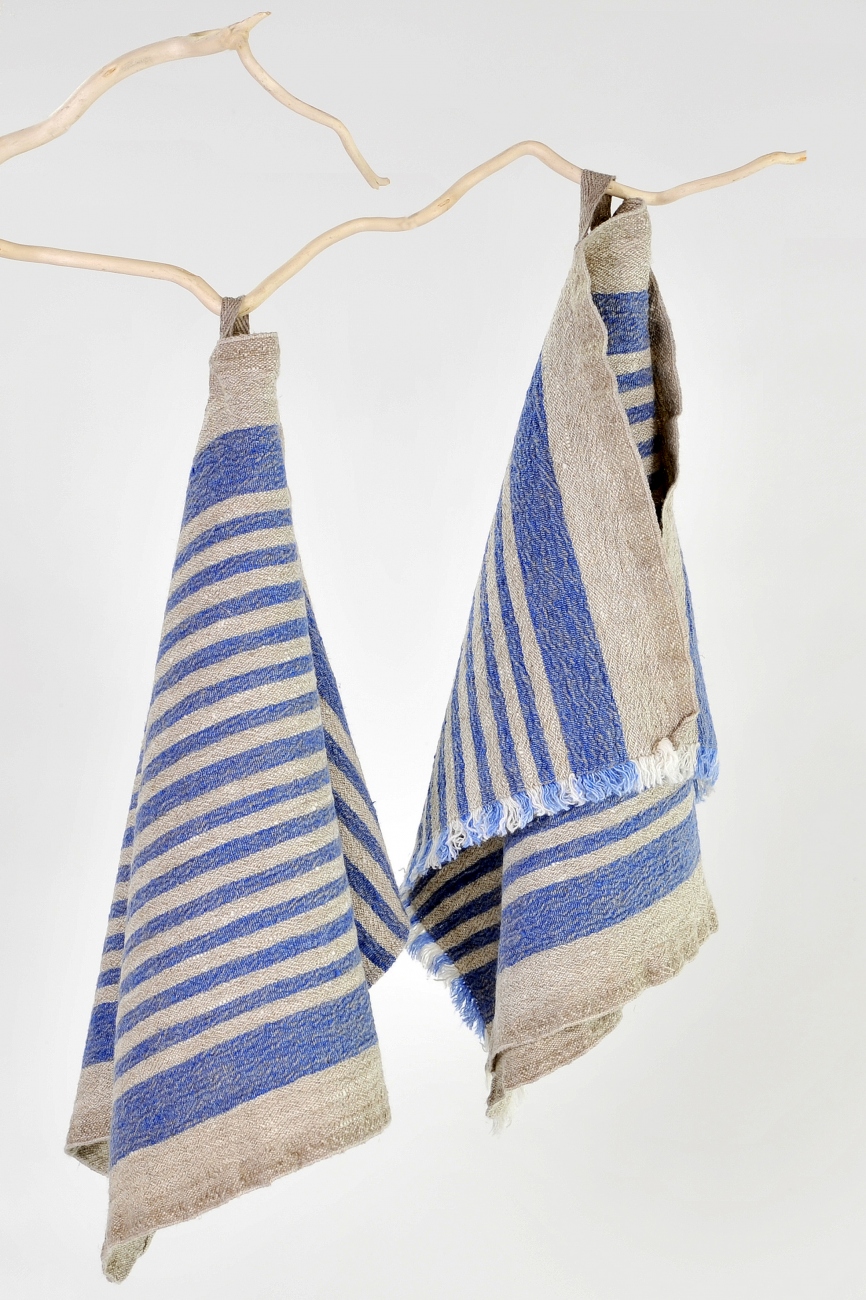 Blue striped washed linen fabric