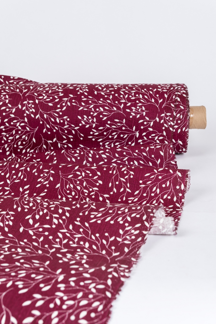 Burgundy red pre-washed linen with white blueberry print
