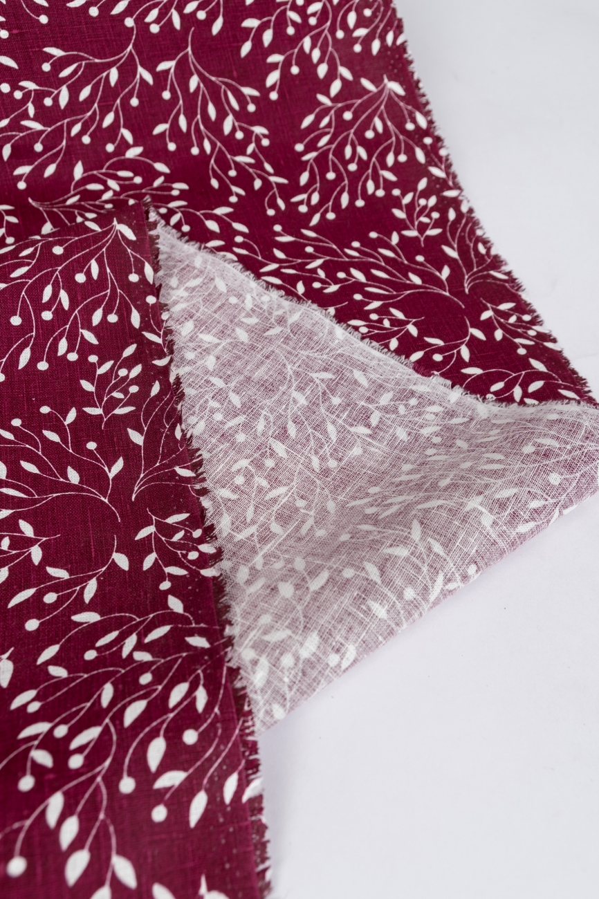 Burgundy red pre-washed linen with white blueberry print