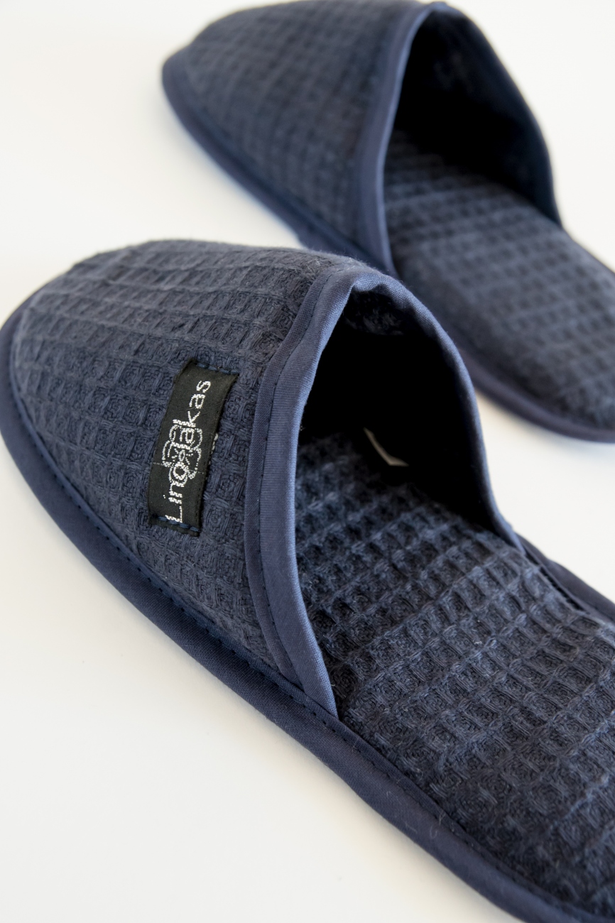 Dark blue waffle linen bath spa slippers