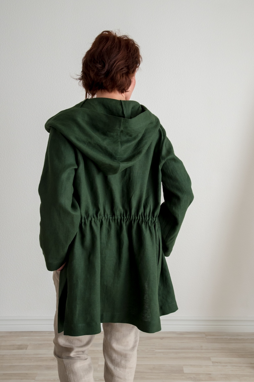 Dark green linen summer jacket with a hood