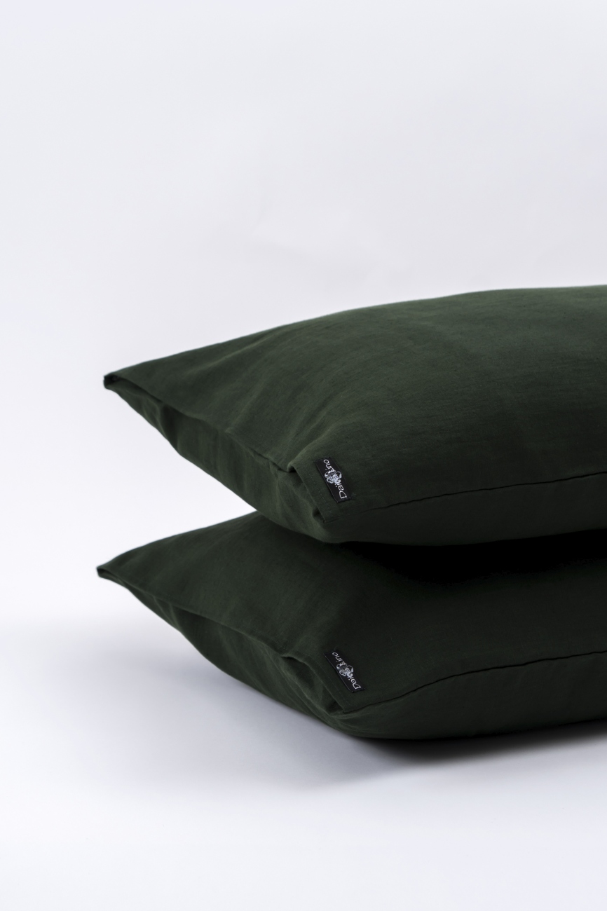 Dark green washed linen pillowcase