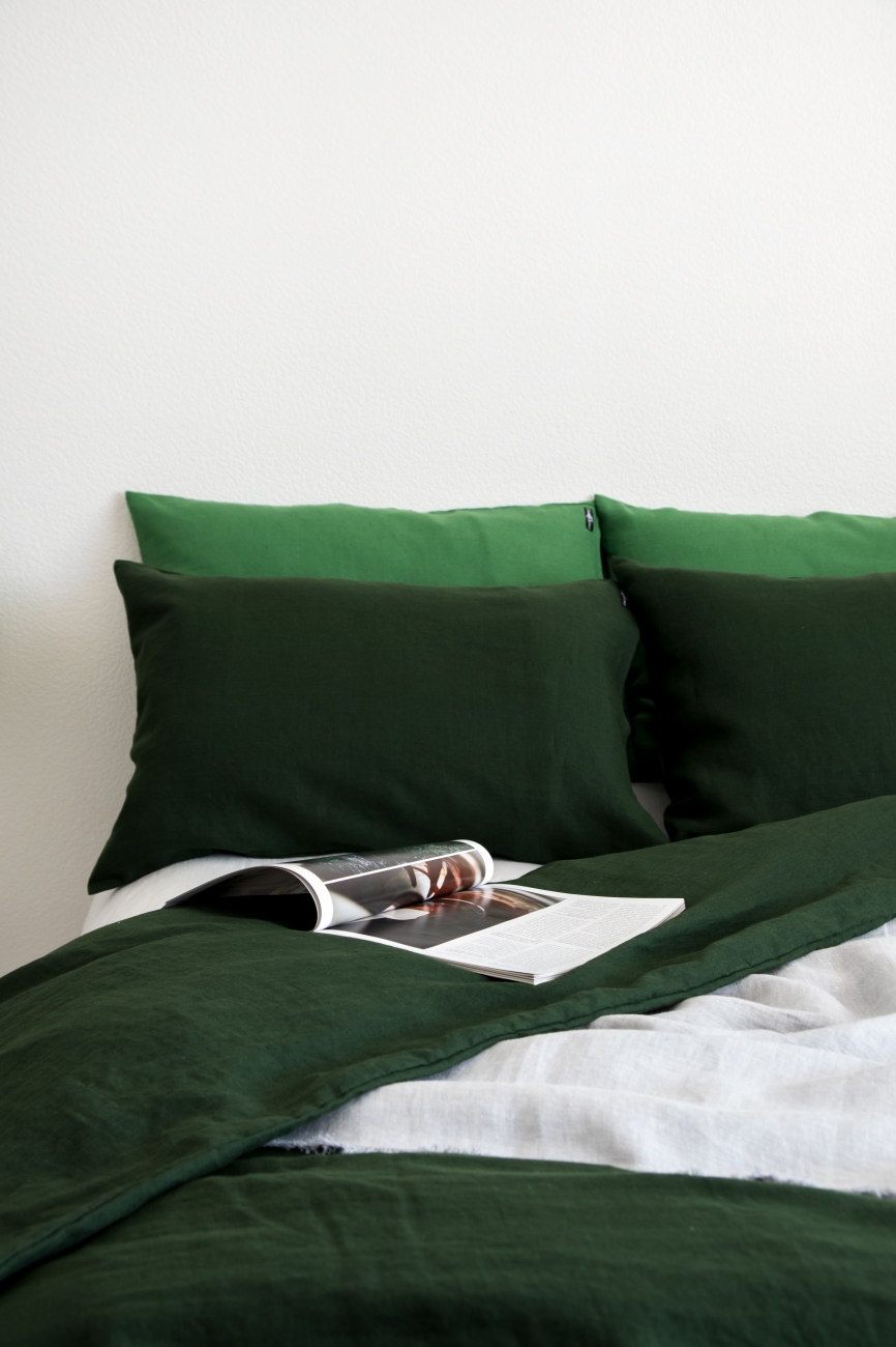 Dark green washed linen pillowcase