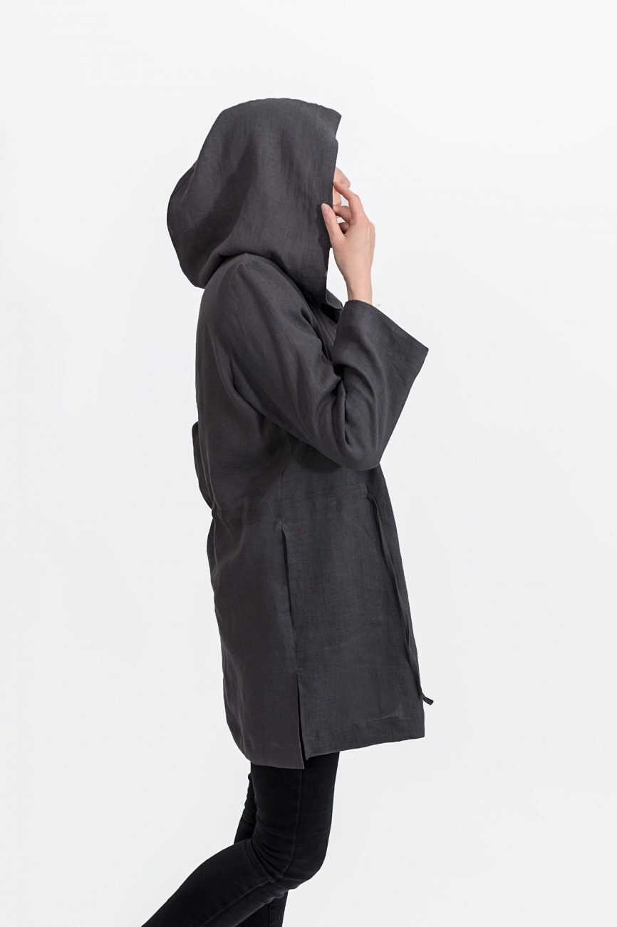 Dark grey linen duster with a hood