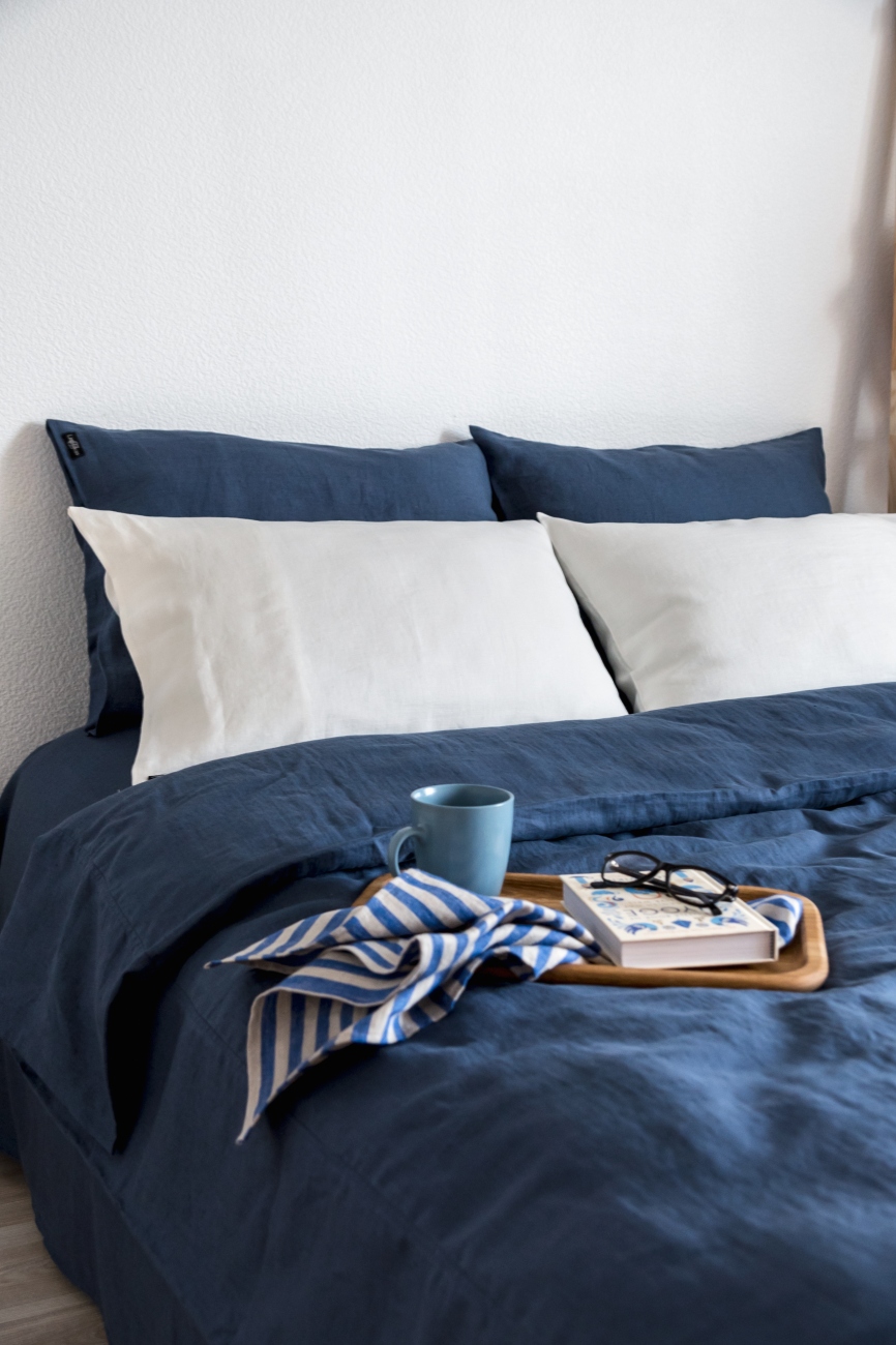 Denim blue linen bedding set