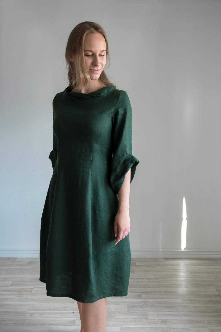 Elegant dark green linen dress
