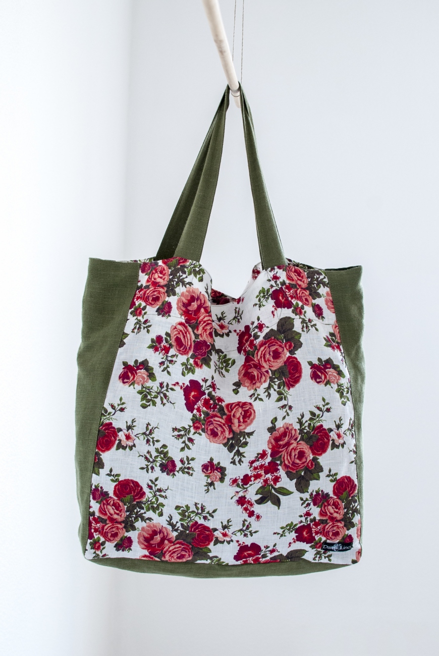 Floral linen shopper bag with colored accents