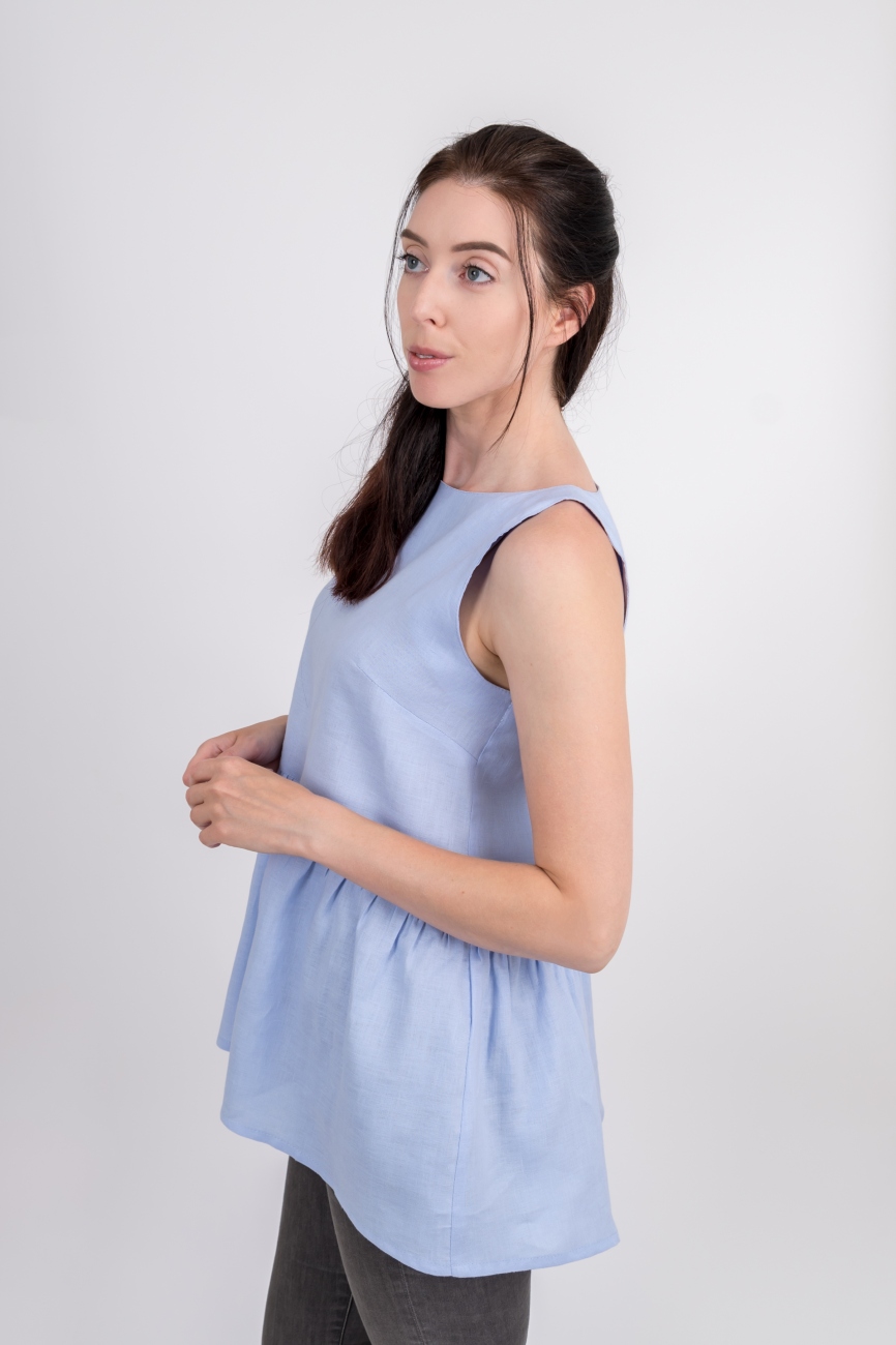 Light blue sleeveless frill linen top