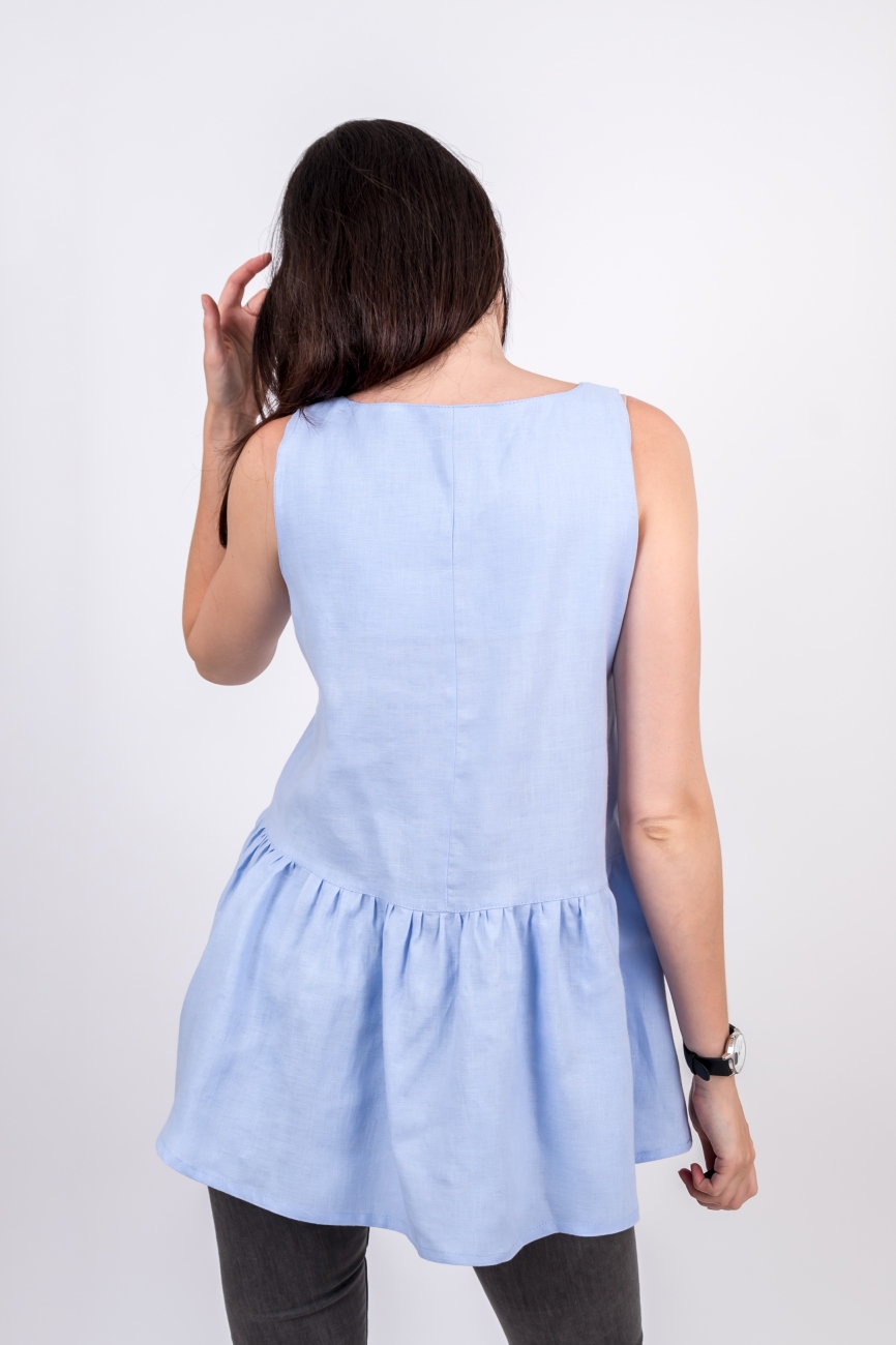 Light blue sleeveless frill linen top