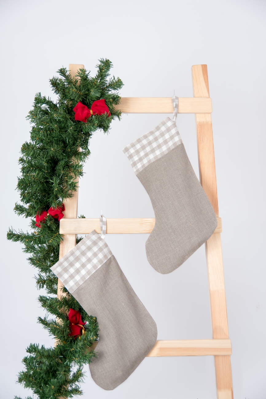 Natural Christmas stocking with checkered cuff