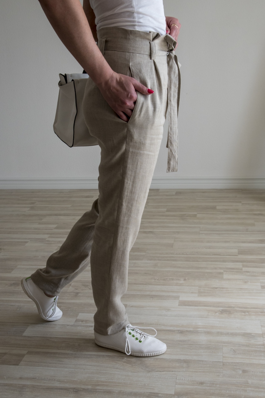Natural fitted linen pants with paper bag waist