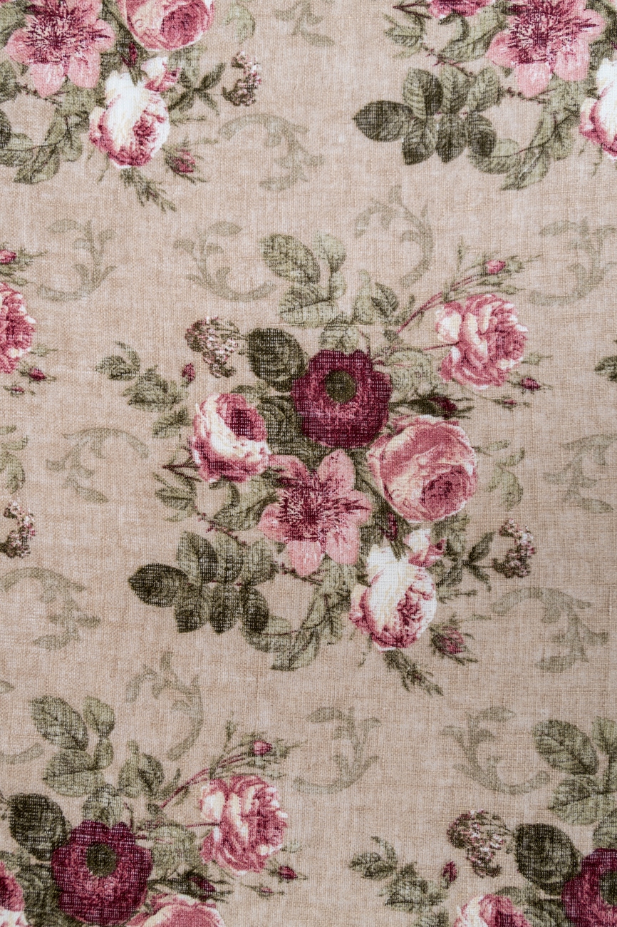 Natural linen fabric with rose print
