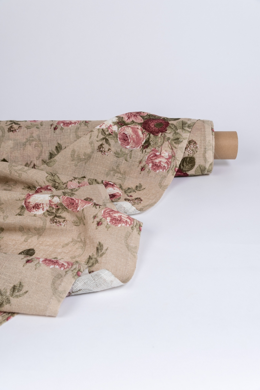 Natural linen fabric with rose print
