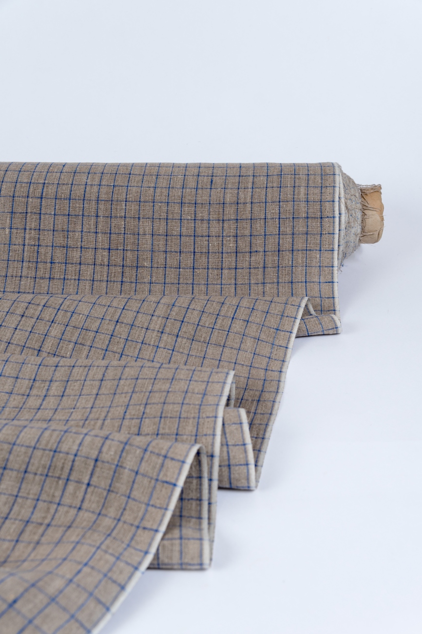 Natural middle-weight linen with blue graph checks
