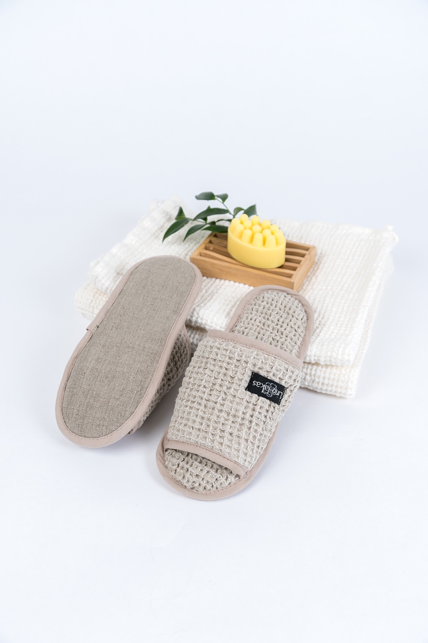 Natural open toe waffle linen bath spa slippers