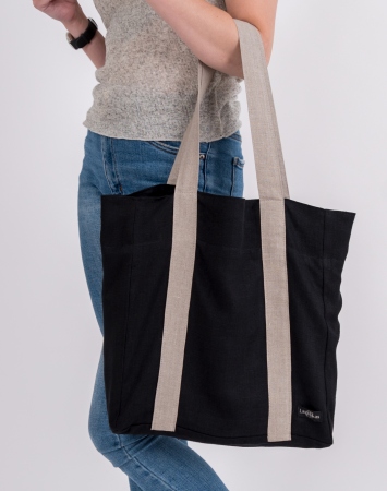 Off-white linen shopper bag with green details