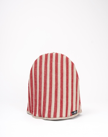 Padded red & natural linen tea cozy with bengal stripe pattern