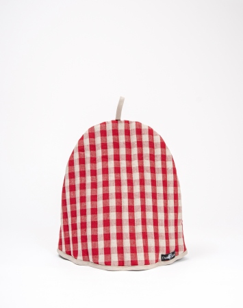 Padded red linen tea cozy with gingham pattern