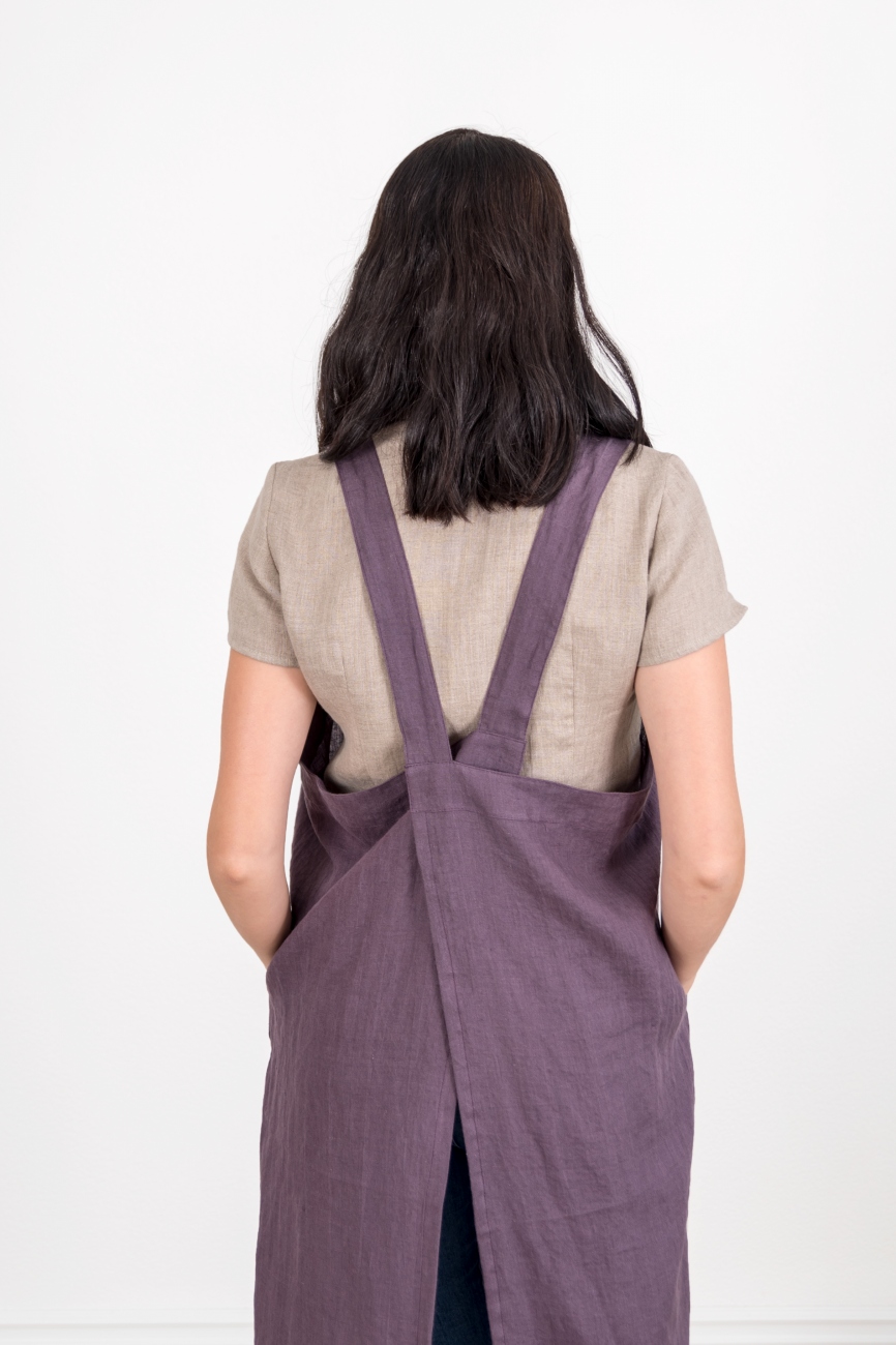 Plum cross back linen apron
