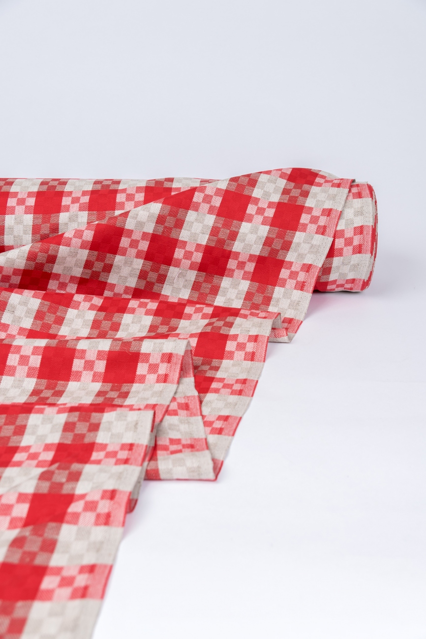 Red check linen blend fabric