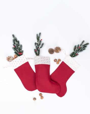Red holiday stocking with printed cuff