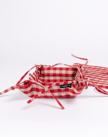 Red linen bread basket with checks