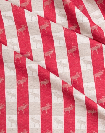 Red linen cotton blend fabric with elk pattern