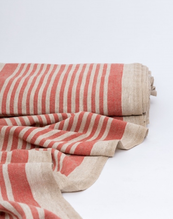 Red striped washed linen fabric