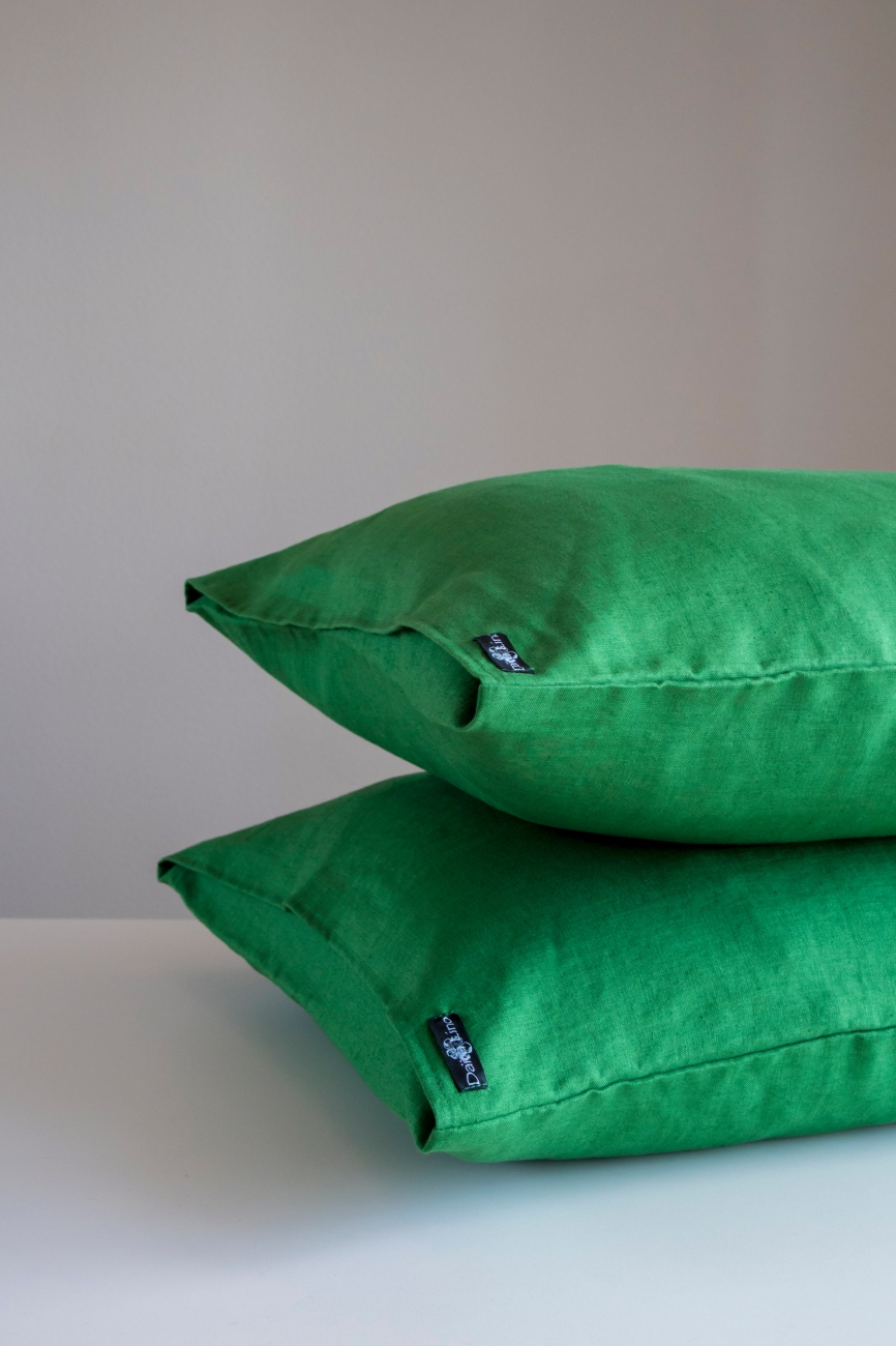 Rich green washed linen pillowcase with an envelope closure