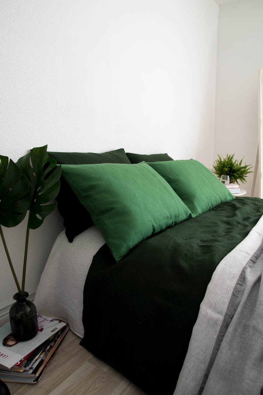 Rich green washed linen pillowcase with an envelope closure