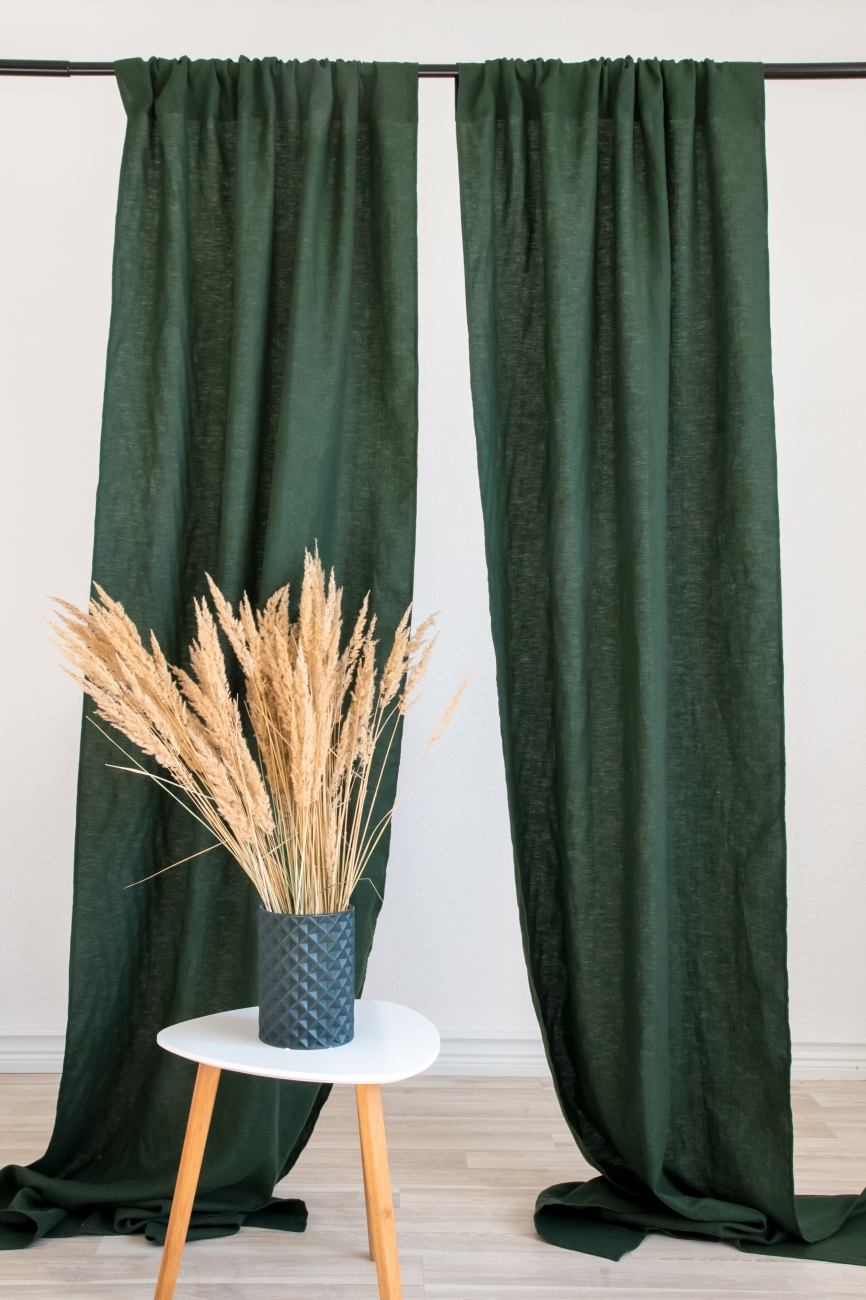 Rod pocket linen curtain panel in dark green