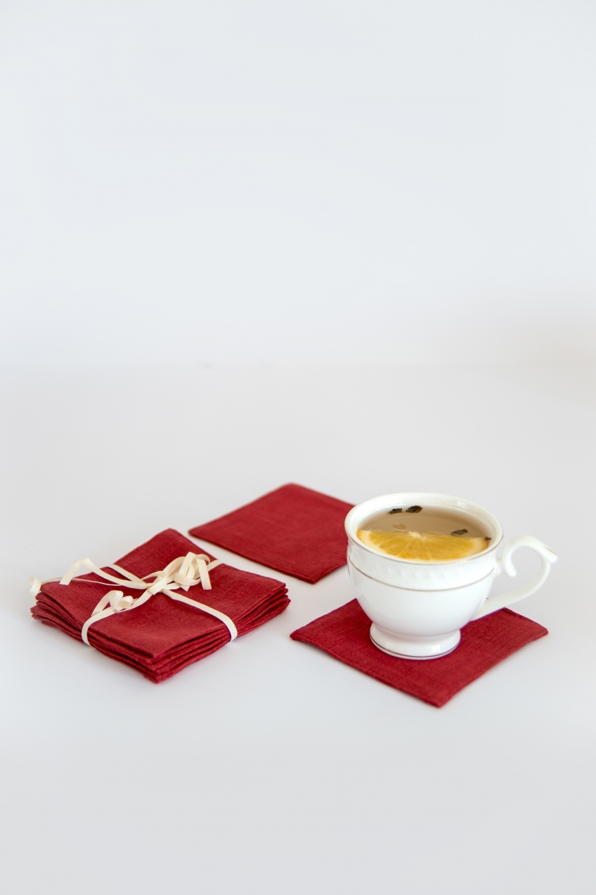 Set of 6 cranberry red linen coasters