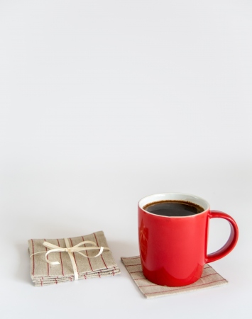 Set of 6 linen coasters with red pin stripe pattern