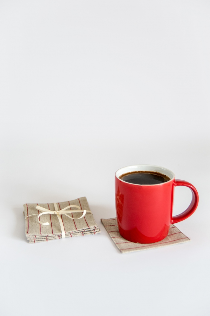 Set of 6 linen coasters with red pin stripe pattern