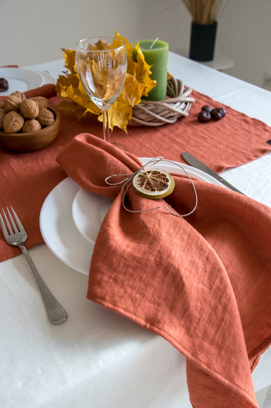 Set of burnt orange washed linen napkins