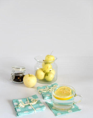 Set of mint linen coasters with polka dot pattern