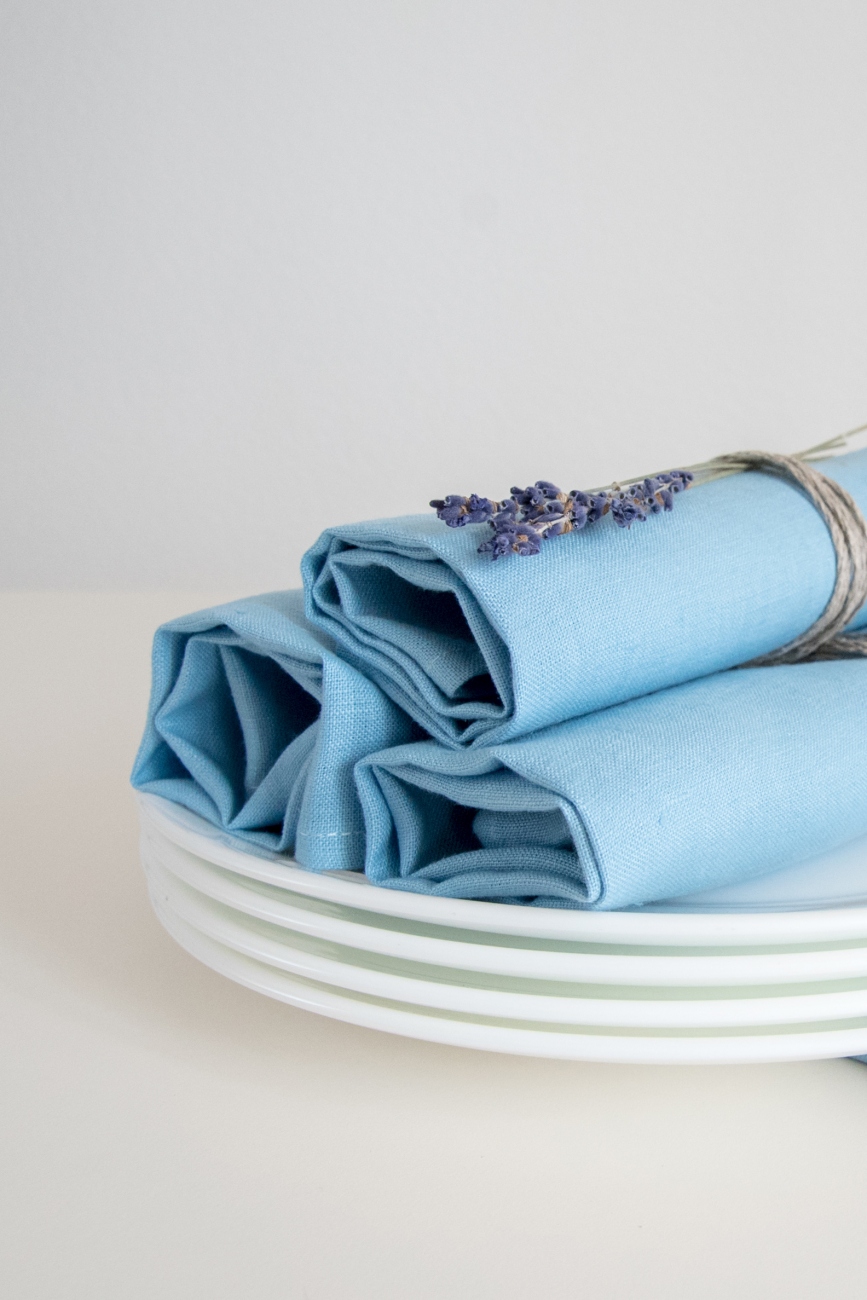 Set of sky blue washed linen napkins
