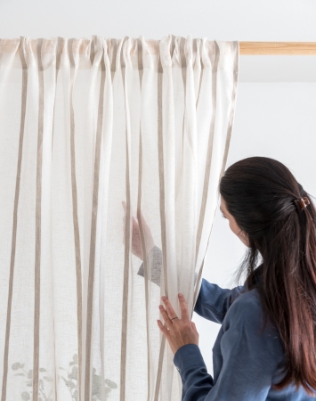 Sheer white striped linen curtain panel with rod pocket