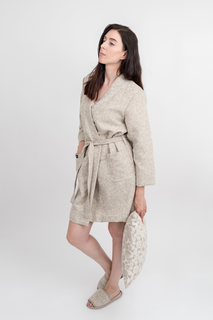 Short linen-cotton blend arabesque robe