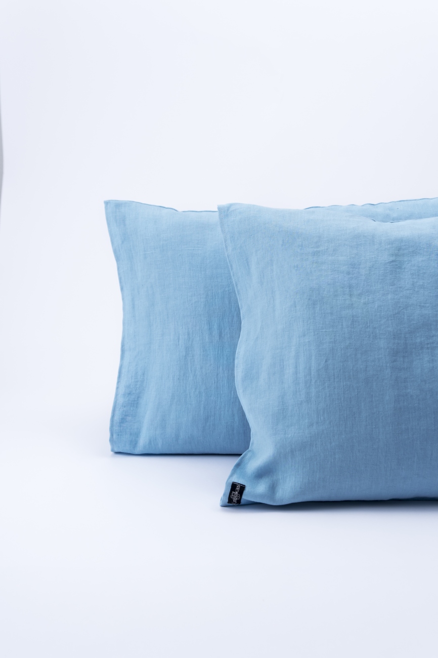 Sky blue washed linen pillowcase with an envelope closure
