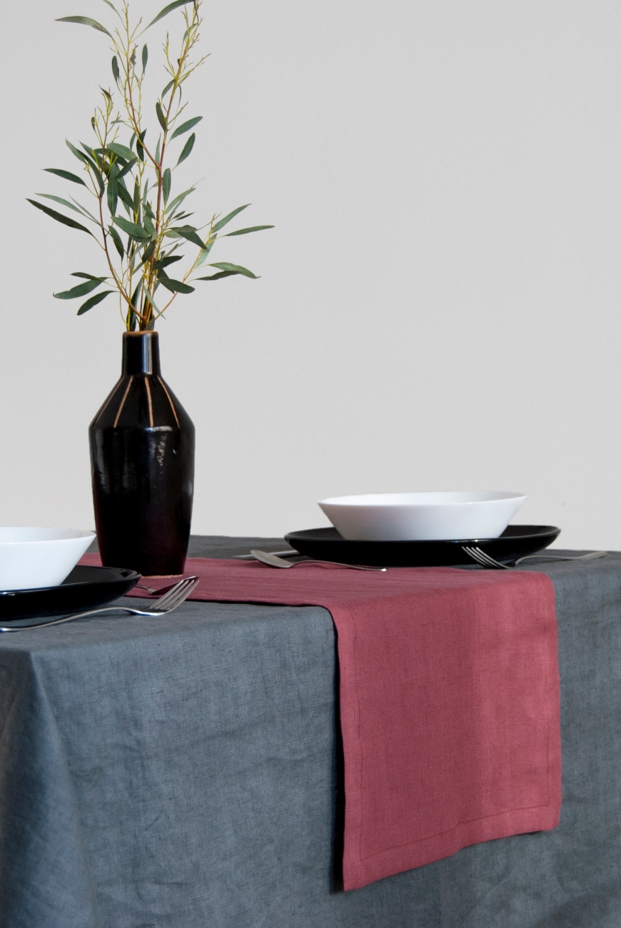 Soft linen table runner in marsala color