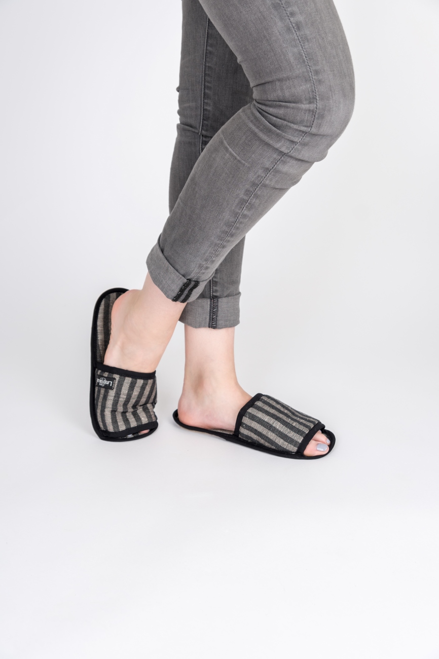 Striped black linen-cotton blend bath slippers