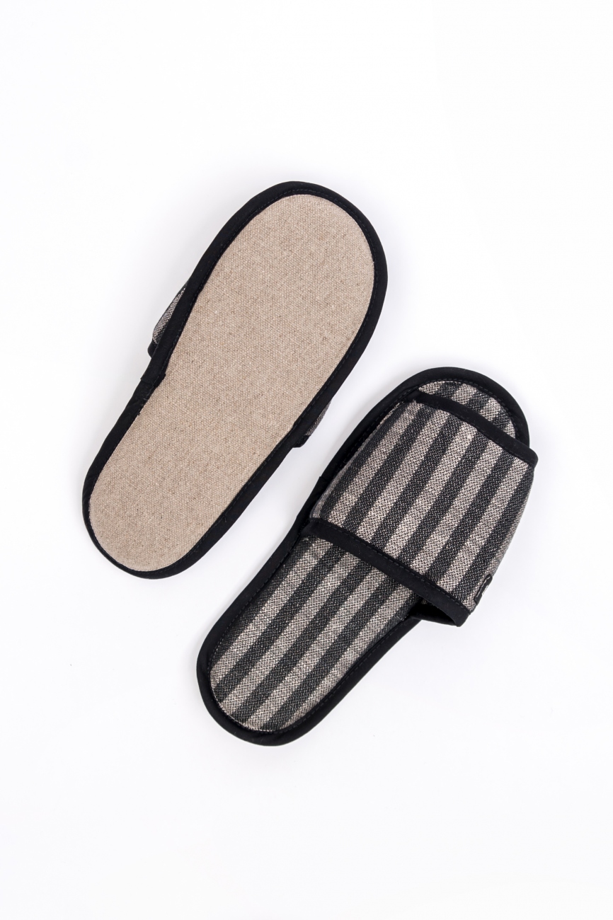 Striped black linen-cotton blend bath slippers