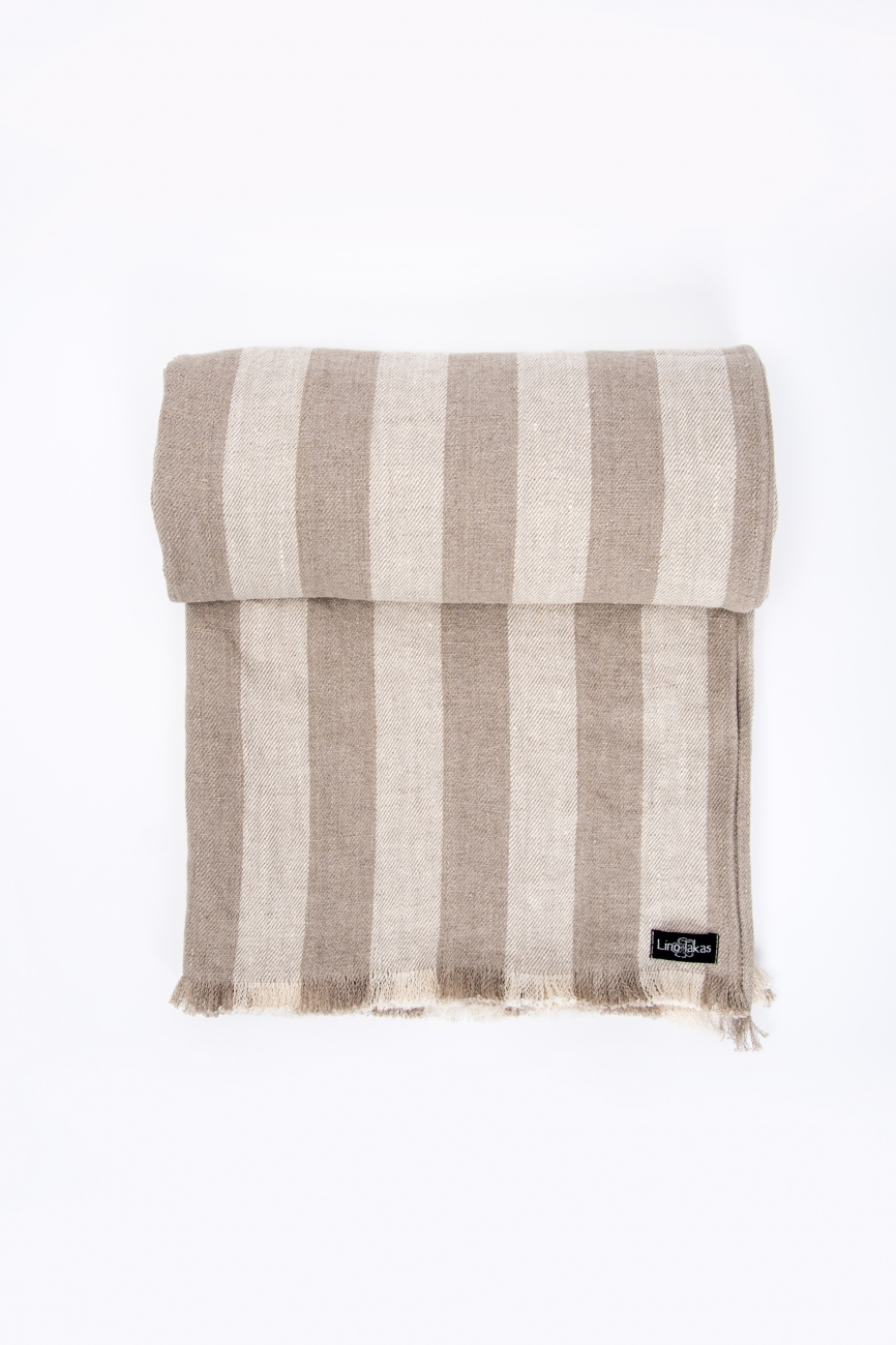 Striped linen twill throw with frayed ends